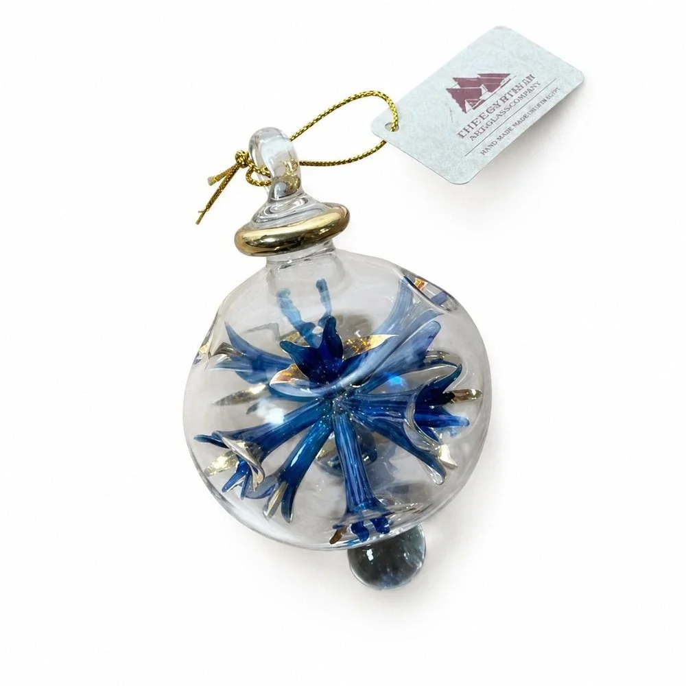 Egyptian Museum Hand Blown Glass Ornament Blue Flower 24K Gold Trim NWT
